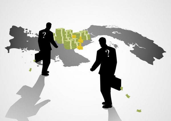 Silhouette illustration of a businessmen with suitcase walking to the map of Panama, Panama papers, scandal, corruption
