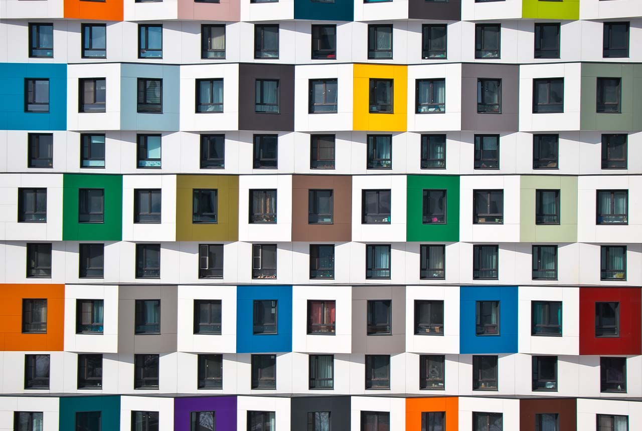 Colorful facade of the new building. Modern architecture, residential building