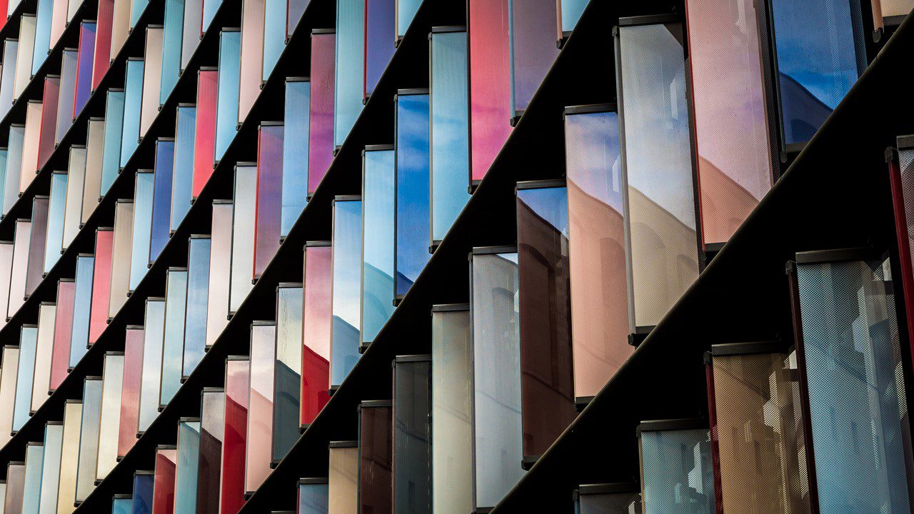 Abstract close up image looking up at contemporary architecture in London, UK.