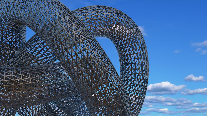 metal grid sculpture futuristic architecture on blue sky 3D illustration
