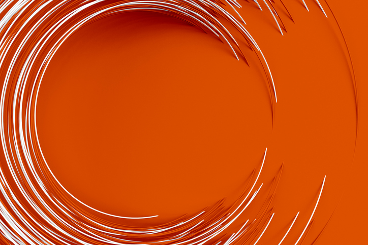 Digital background of many orange circles rotated at different angles and forming a frame around an empty space 3D illustration