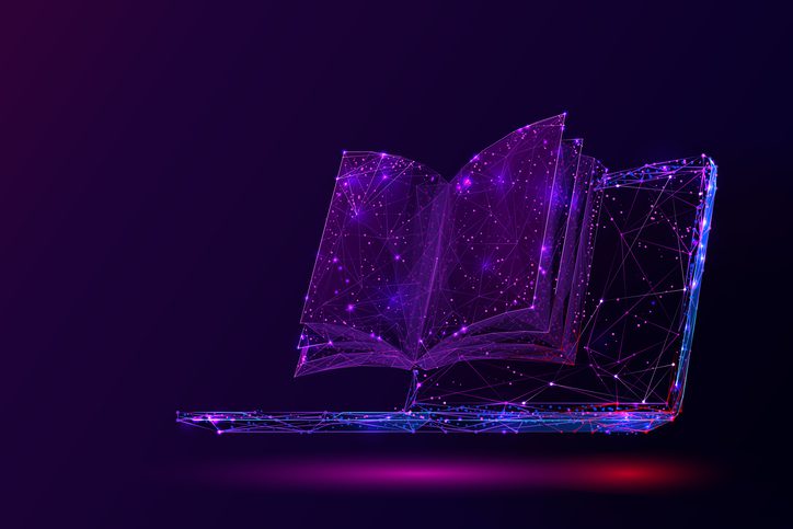 aptop and book low poly vector illustration. 3d open textbook. Polygonal notebook display mesh art with connected dots. Modern information source, online library. Learning, self-education concept