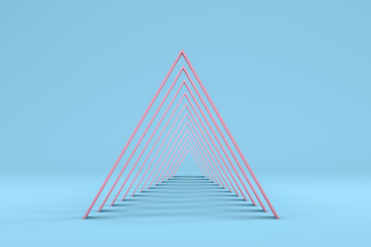 3D rendering of Abstract Minimal Triangle Tunnel Background, Geometric Shapes, Blue and pink colors.