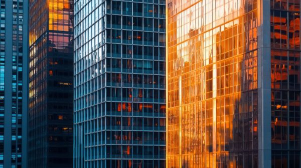 Business office building at sunset represents acquisition