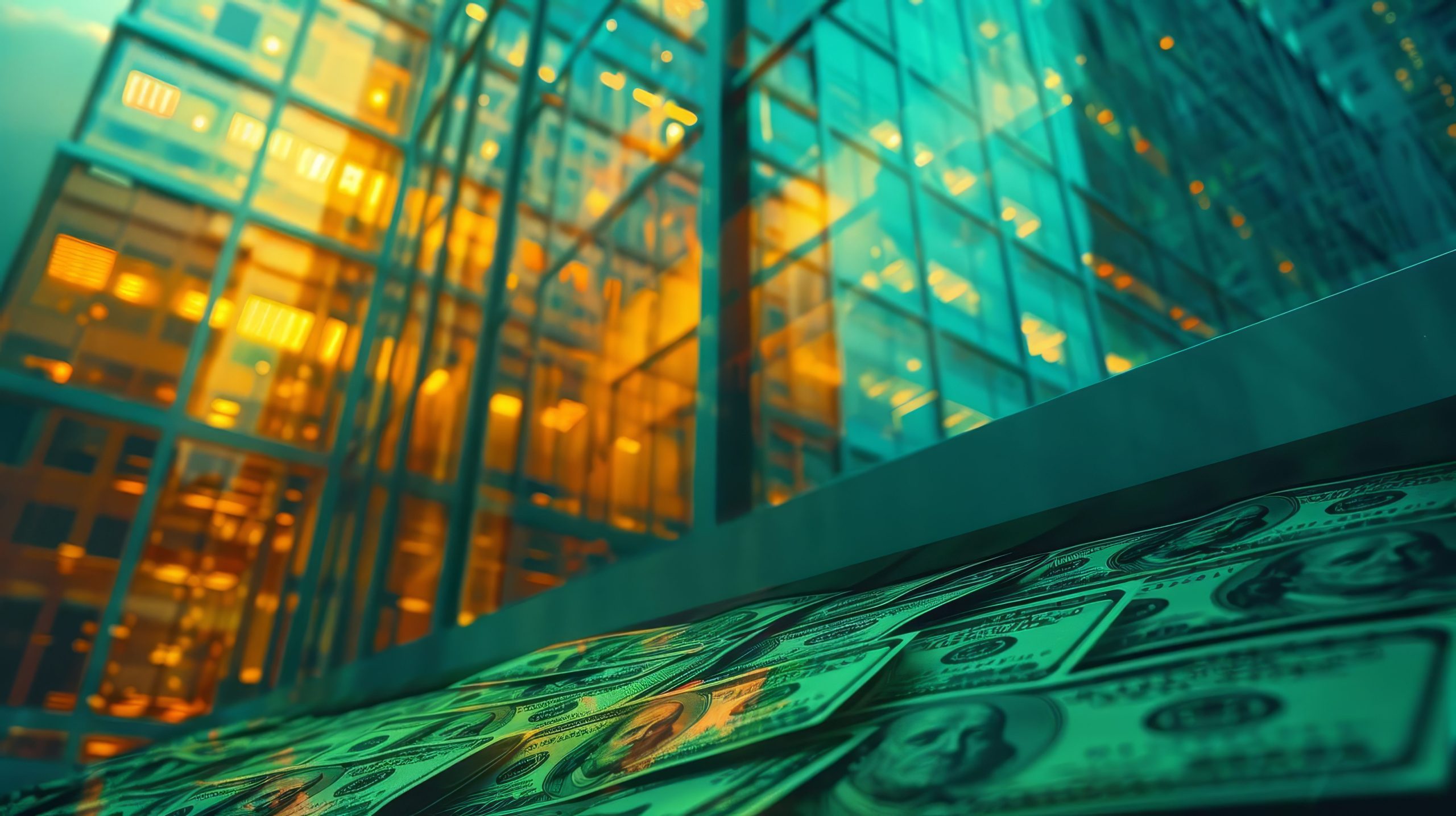 Green and orange glass building represents AI implementation for financial services