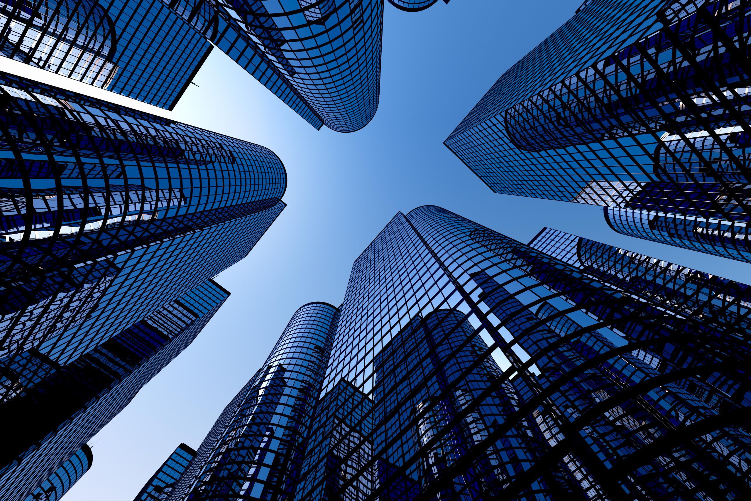upward view of office buildings represents benchmarking for success