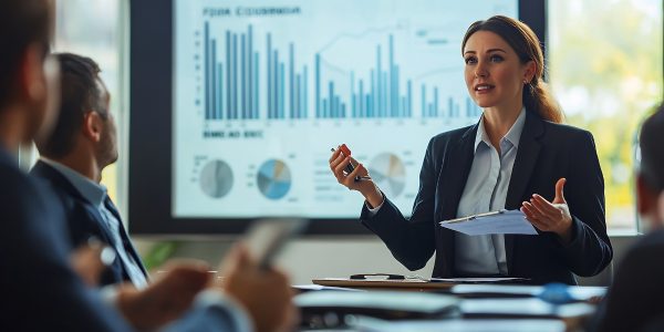 An image of a femail COO in a suit in front of charts in GRC Software explaining to her team how to make better decisions